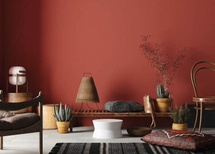 Rustic Home interior mockup with bench,chairs and decor in red r Rustic Home interior mockup with bench,chairs and decor in red r