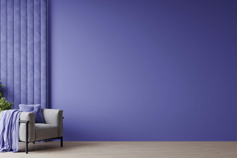 Horizontal space with bright mockup empty wall. Very peri lavender paint color. Living room – modern design interior home. 3d render