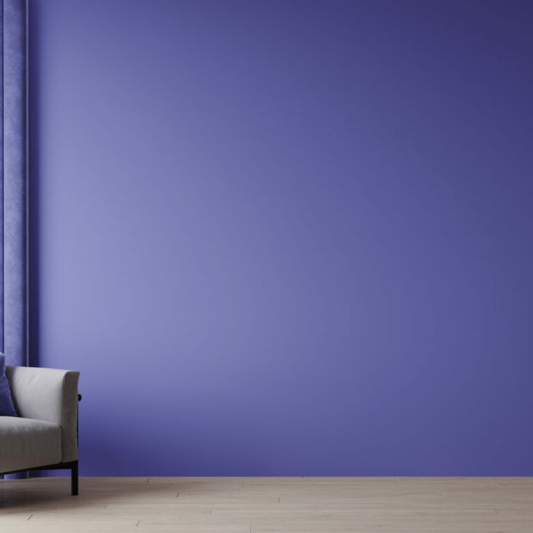 Horizontal space with bright mockup empty wall. Very peri lavender paint color. Living room – modern design interior home. 3d render
