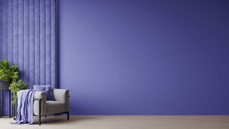 Horizontal space with bright mockup empty wall. Very peri lavender paint color. Living room – modern design interior home. 3d render